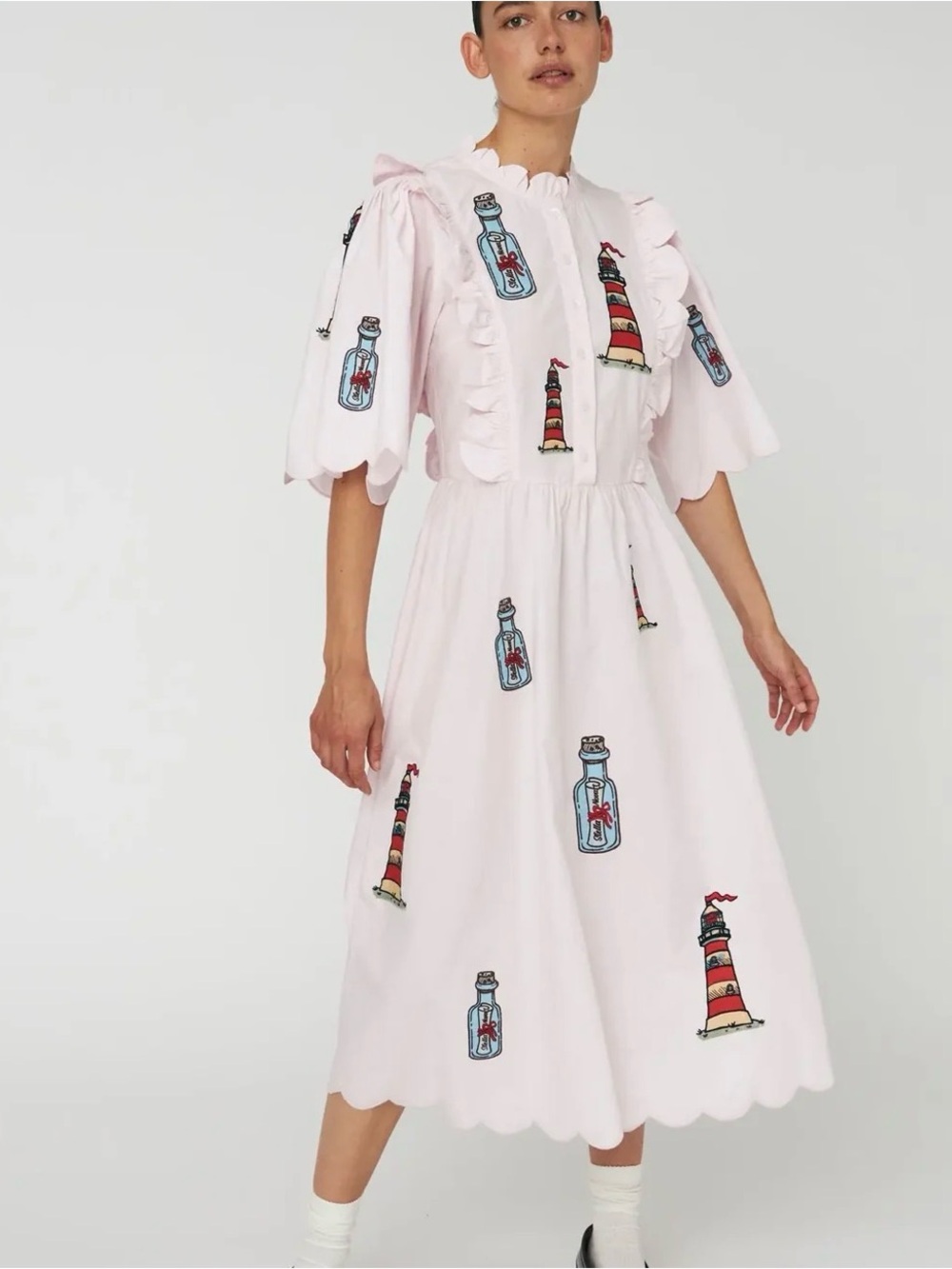 Stella Nova Pink Embroidered Light house bottles scallops midi dress size XL